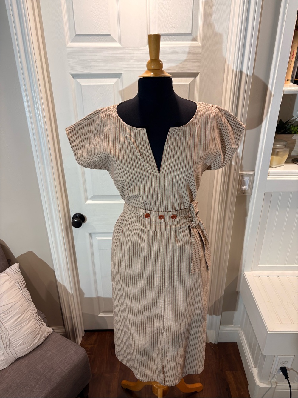 Striped Beige Tie-Waist Midi Dress
